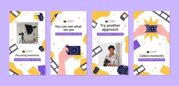 Vector gratuito colección de historias de instagram para la carrera de fotografía.