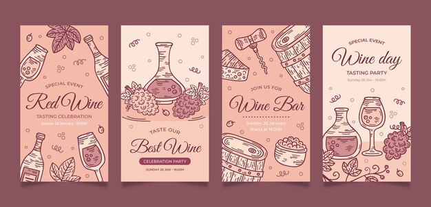 Colección de historias de instagram de cata de vinos y viñedos.