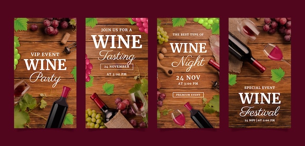 Vector gratuito colección de historias de instagram de cata de vinos y viñedos.