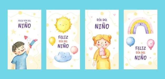 Vector gratuito colección de historias de instagram para la celebración del día del niño en español