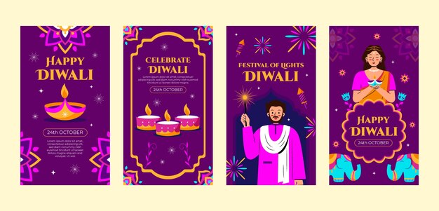 Vector gratuito colección de historias de instagram para la celebración del festival hindú de diwali