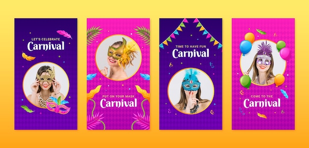 Vector gratuito colección de historias de instagram para la celebración de la fiesta del carnaval