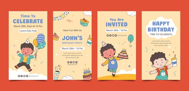 Vector gratuito colección de historias de instagram para celebración de fiestas de cumpleaños.