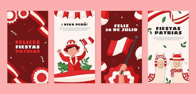 Vector gratuito colección de historias de instagram para celebraciones de fiestas patrias peruanas