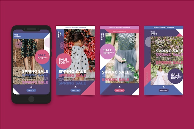 Colección de historias de Instagram con concepto de rebajas de primavera