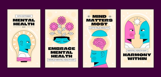 Vector gratuito colección de historias de instagram para concientizar sobre el día mundial de la salud mental