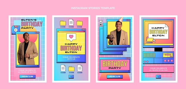 Colección de historias de instagram de cumpleaños de vaporwave retro degradado