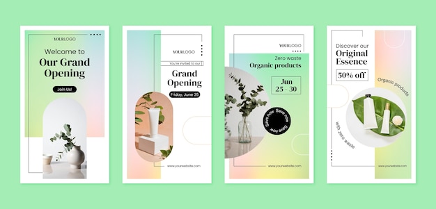 Colección de historias de instagram degradadas para la gran inauguración de negocios