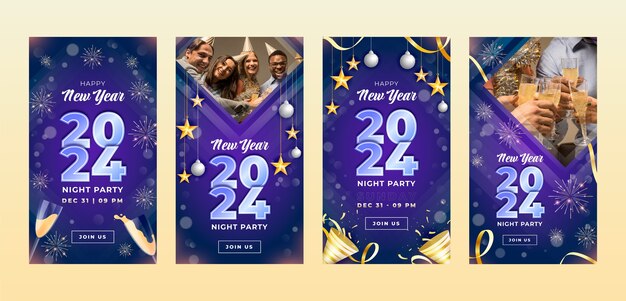 Colección de historias de instagram en degradado para la celebración del año nuevo 2024