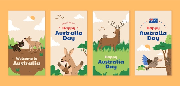 Vector gratuito colección de historias de instagram del día de australia plana