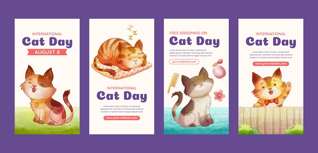 Vector gratuito colección de historias de instagram del día internacional del gato en acuarela