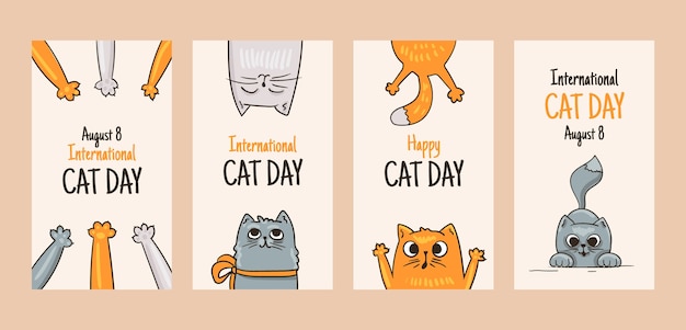 Vector gratuito colección de historias de instagram del día internacional del gato dibujadas a mano