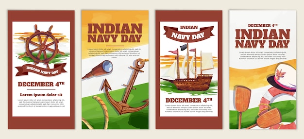 Vector gratuito colección de historias de instagram del día de la marina india en acuarela