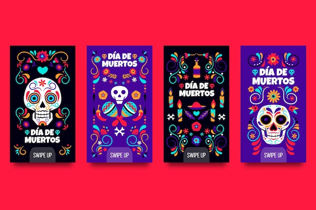 Colección de historias de instagram de dia de muertos dibujadas a mano