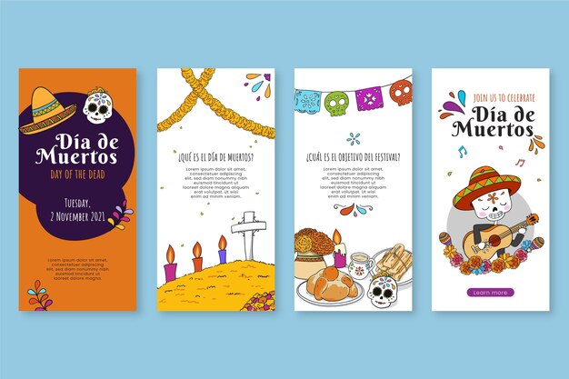Colección de historias de instagram de dia de muertos dibujadas a mano