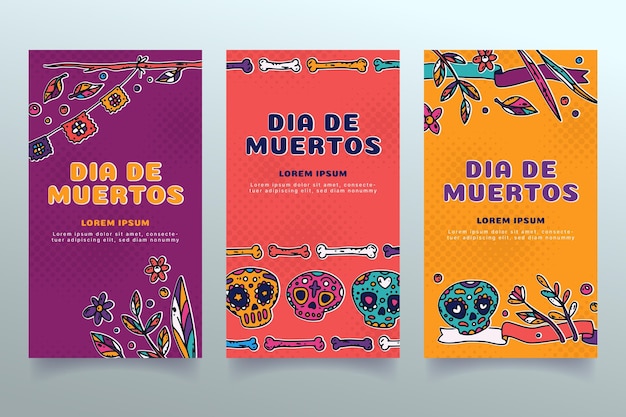 Vector gratuito colección de historias de instagram de dia de muertos dibujadas a mano