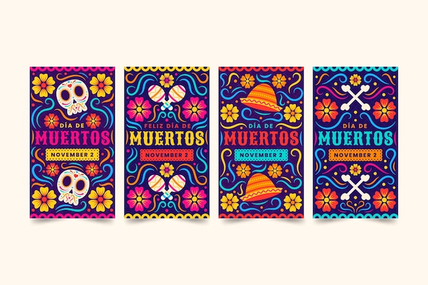 Vector gratuito colección de historias de instagram de dia de muertos dibujados a mano