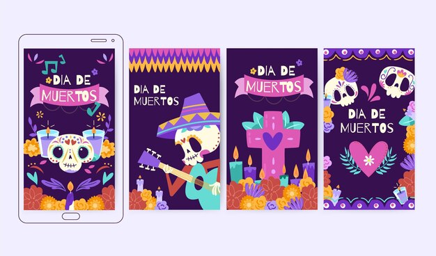 Colección de historias de instagram de dia de muertos dibujados a mano