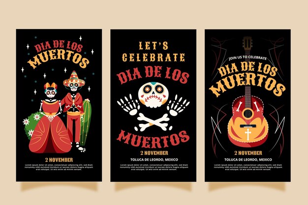 Colección de historias de instagram de dia de muertos dibujados a mano