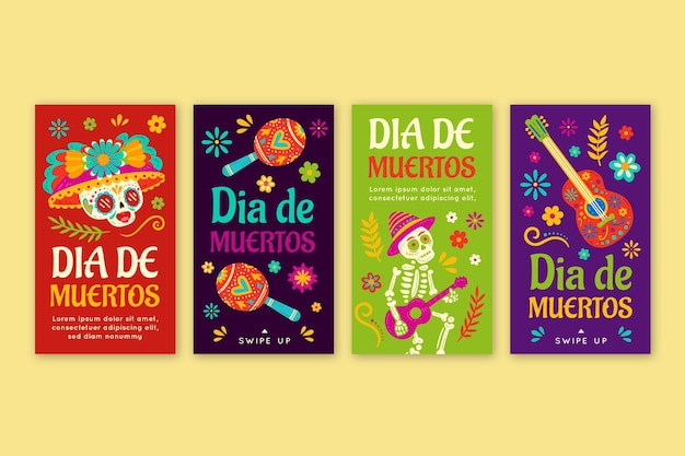 Vector gratuito colección de historias de instagram de dia de muertos dibujados a mano