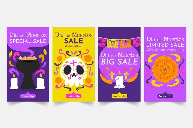 Colección de historias de instagram de dia de muertos dibujados a mano