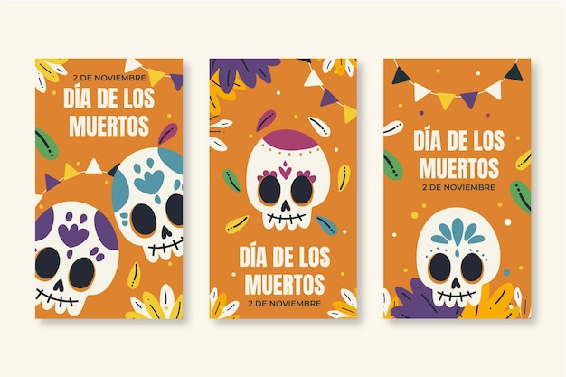 Vector gratuito colección de historias de instagram de dia de muertos dibujados a mano