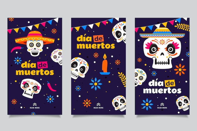 Colección de historias de instagram de dia de muertos dibujados a mano