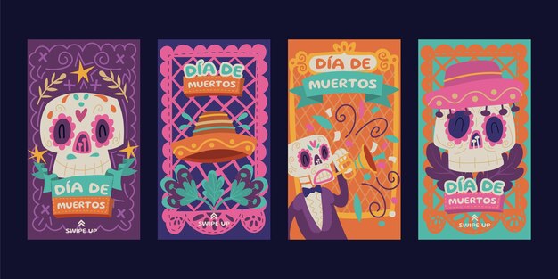 Colección de historias de instagram de dia de muertos dibujados a mano