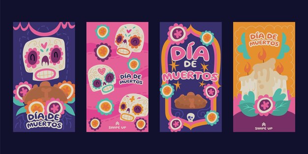 Colección de historias de instagram de dia de muertos dibujados a mano