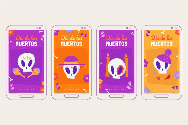 Colección de historias de instagram de dia de muertos dibujados a mano