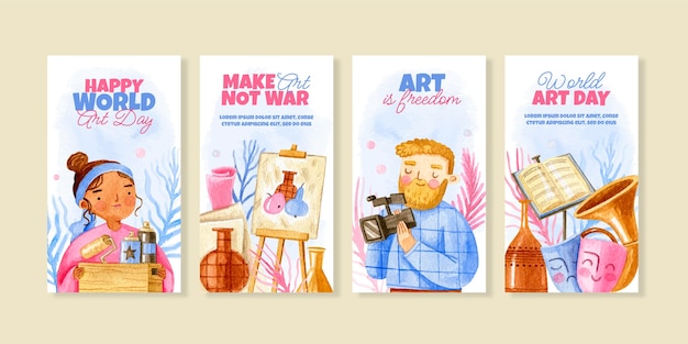 Vector gratuito colección de historias de instagram del día mundial del arte en acuarela