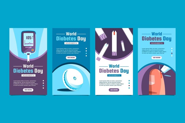 Vector gratuito colección de historias de instagram del día mundial de la diabetes plana