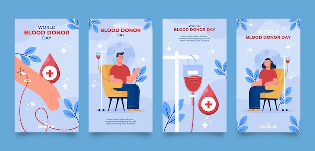 Vector gratuito colección de historias de instagram del día mundial del donante de sangre dibujada a mano