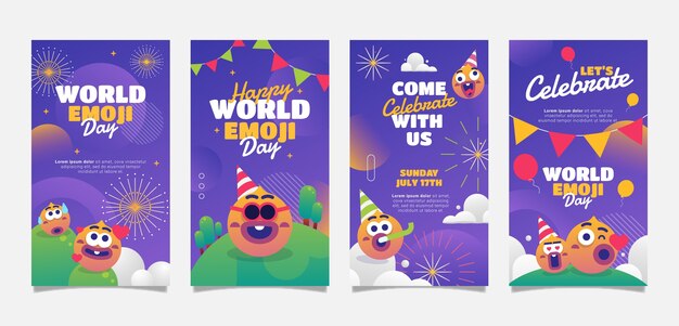 Colección de historias de instagram del día mundial del emoji degradado