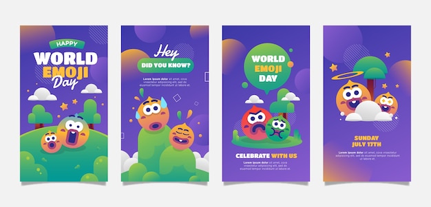 Vector gratuito colección de historias de instagram del día mundial del emoji degradado