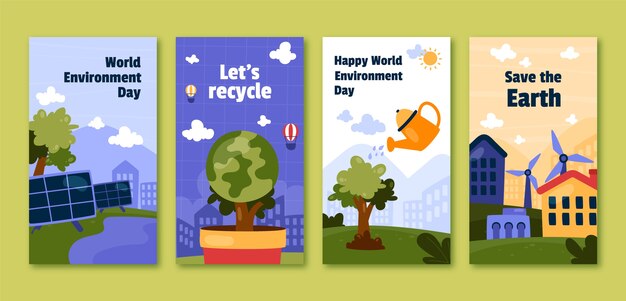 Vector gratuito colección de historias de instagram del día mundial del medio ambiente dibujadas a mano