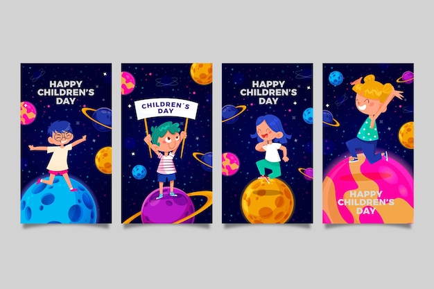 Vector gratuito colección de historias de instagram del día mundial de los niños dibujados a mano