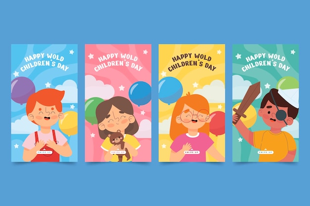 Vector gratuito colección de historias de instagram del día mundial de los niños dibujados a mano