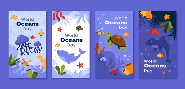 Colección de historias de instagram del día mundial de los océanos dibujadas a mano