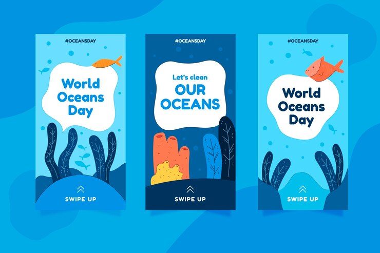Vector gratuito colección de historias de instagram del día mundial de los océanos