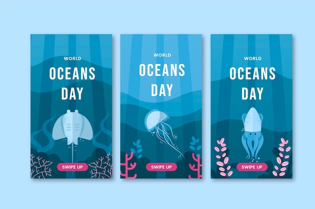 Vector gratuito colección de historias de instagram del día mundial de los océanos