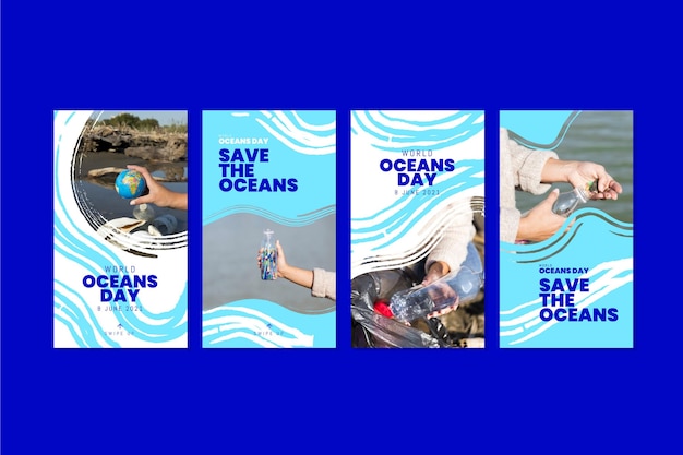 Vector gratuito colección de historias de instagram del día mundial de los océanos