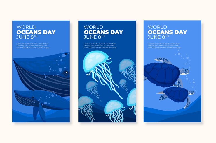 Vector gratuito colección de historias de instagram del día mundial de los océanos