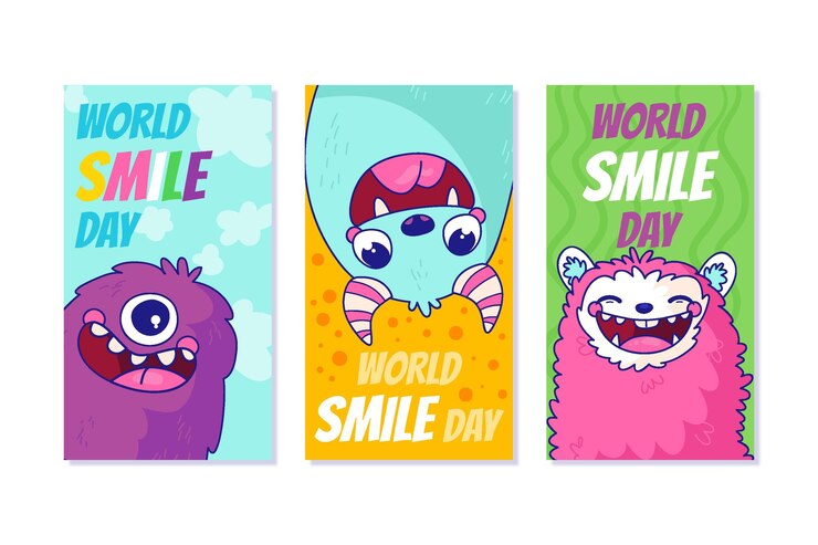 Vector gratuito colección de historias de instagram del día mundial de la sonrisa dibujada a mano