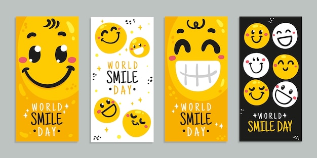 Vector gratuito colección de historias de instagram del día mundial de la sonrisa dibujada a mano