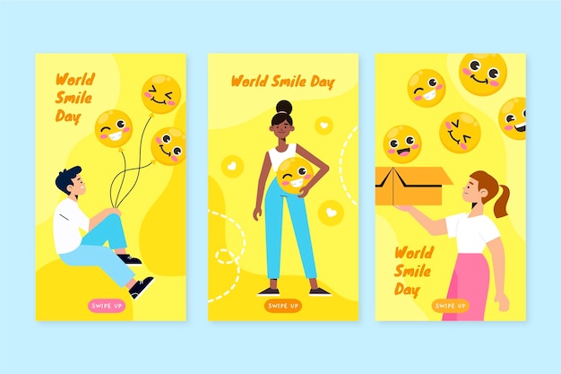 Vector gratuito colección de historias de instagram del día mundial de la sonrisa dibujada a mano