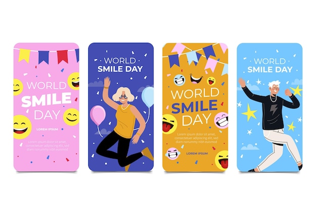 Vector gratuito colección de historias de instagram del día mundial de la sonrisa dibujada a mano