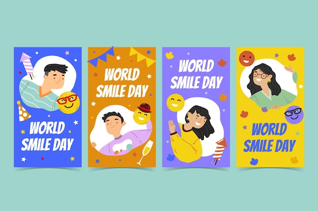 Vector gratuito colección de historias de instagram del día mundial de la sonrisa dibujada a mano