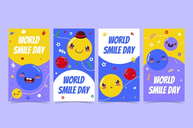 Vector gratuito colección de historias de instagram del día mundial de la sonrisa dibujada a mano