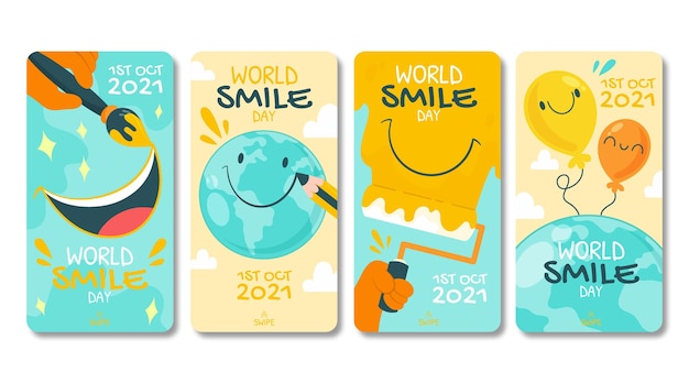 Vector gratuito colección de historias de instagram del día mundial de la sonrisa dibujada a mano